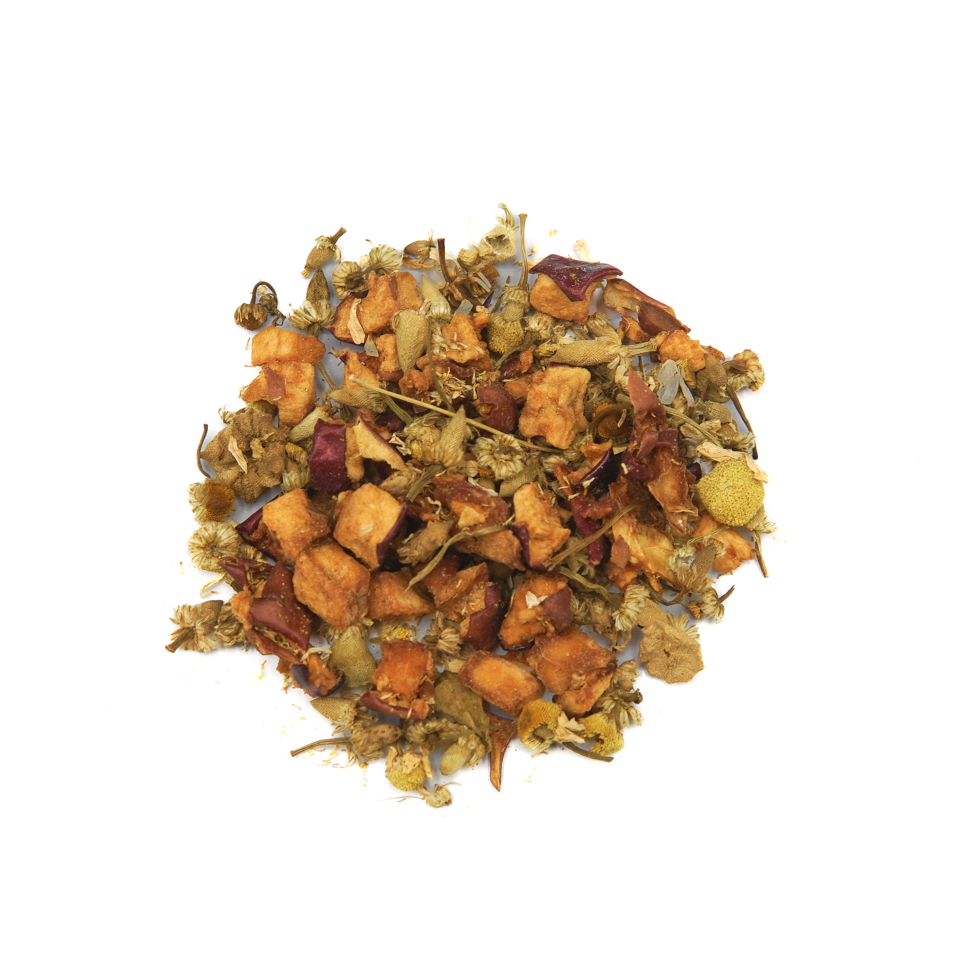 A box of Piper and Leaf Tea Co.’s Chamomile Apple 50ct Individually Wrapped Tea Bags, a delightful, caffeine-free herbal infusion featuring chamomile flowers and dried fruit pieces—perfect for unwinding.