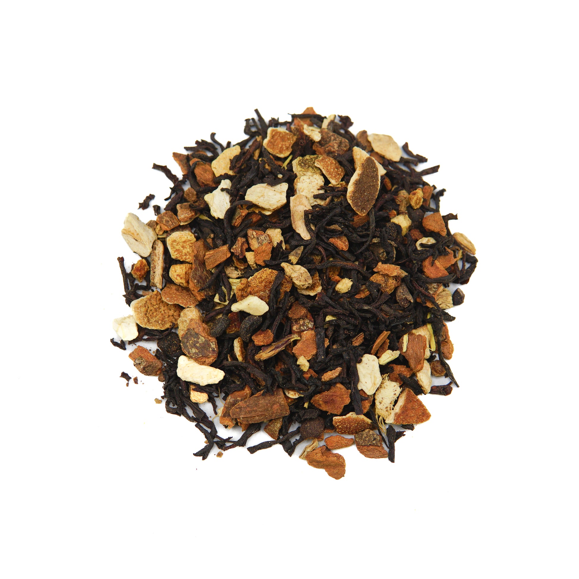Cinnamon Orange 40 Serving Loose Leaf Tea by Piper and Leaf Tea Co., featuring a blend of robust black tea leaves with visible pieces of dried ginger, cinnamon, and orange peel, displayed on a white background.