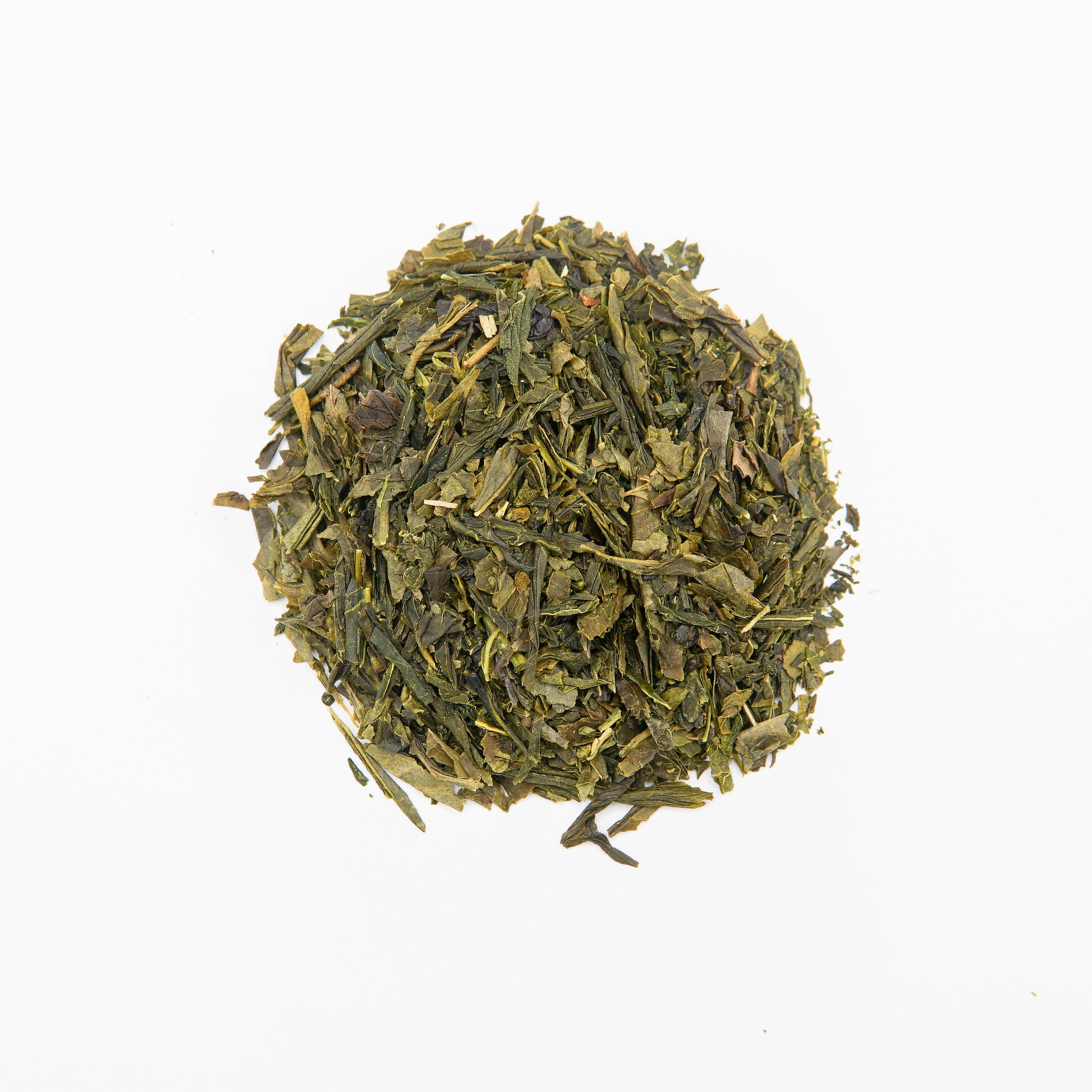 Classic Green 40 Serving Loose Leaf tea by Piper and Leaf Tea Co. arranged in a small, round pile on a white background.