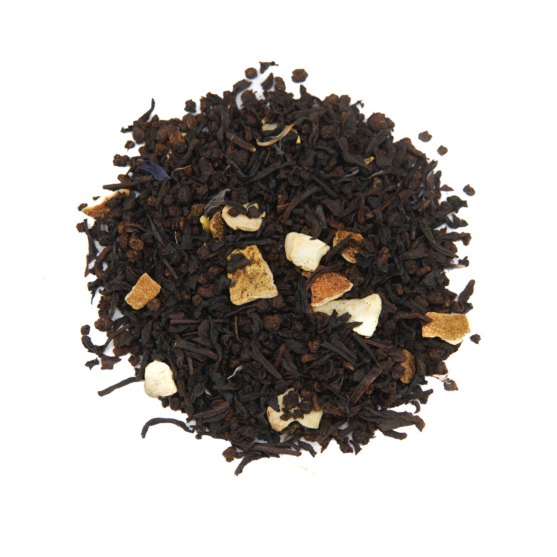 Experience the Piper and Leaf Tea Co. Earl Grey 40 Serving Loose Leaf Tea—a black tea blend with dried fruit pieces and blue petals, presented on a white background and inspired by the timeless classic.