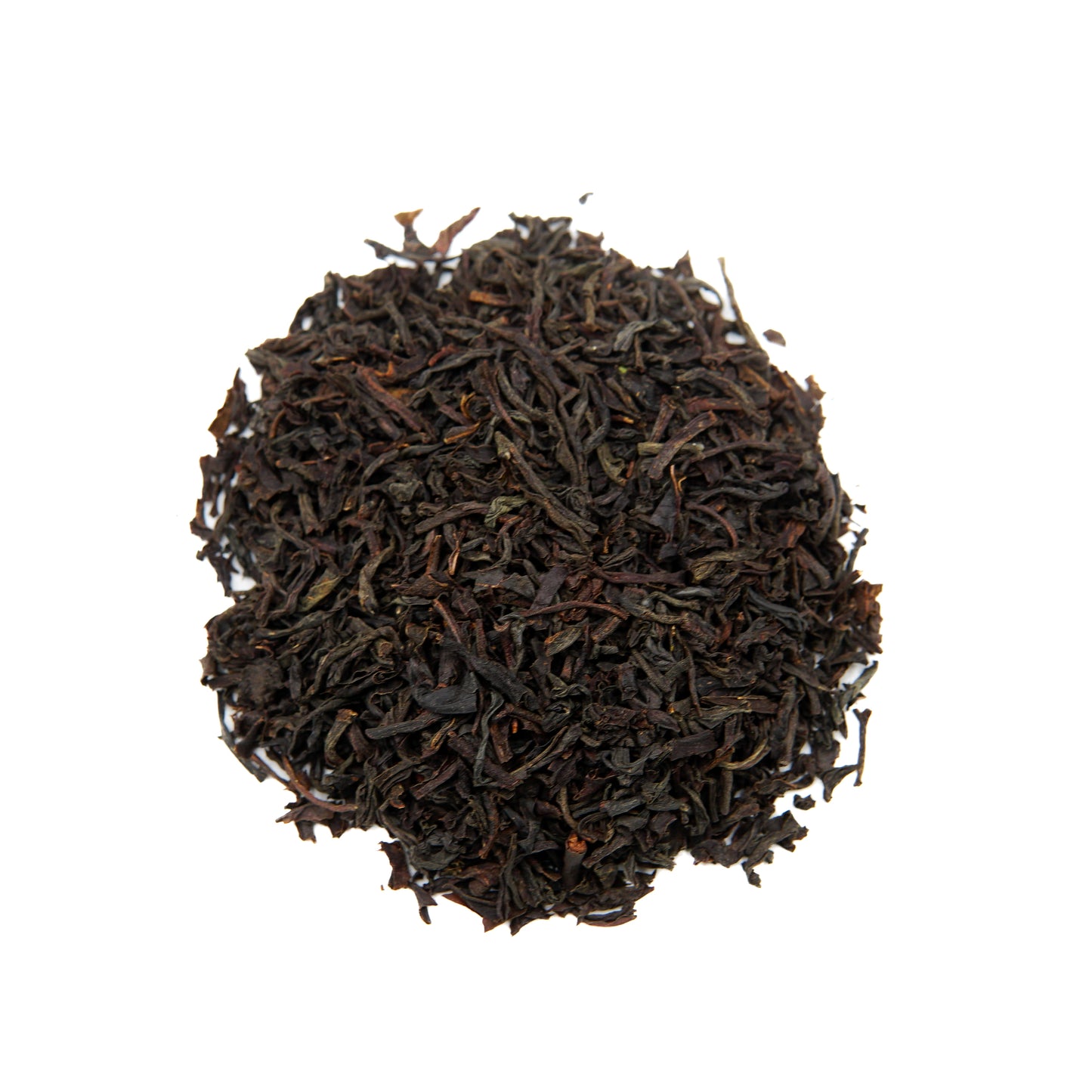 A mound of Piper and Leaf Tea Co. English Breakfast 40 Serving Loose Leaf tea is displayed on a white background.
