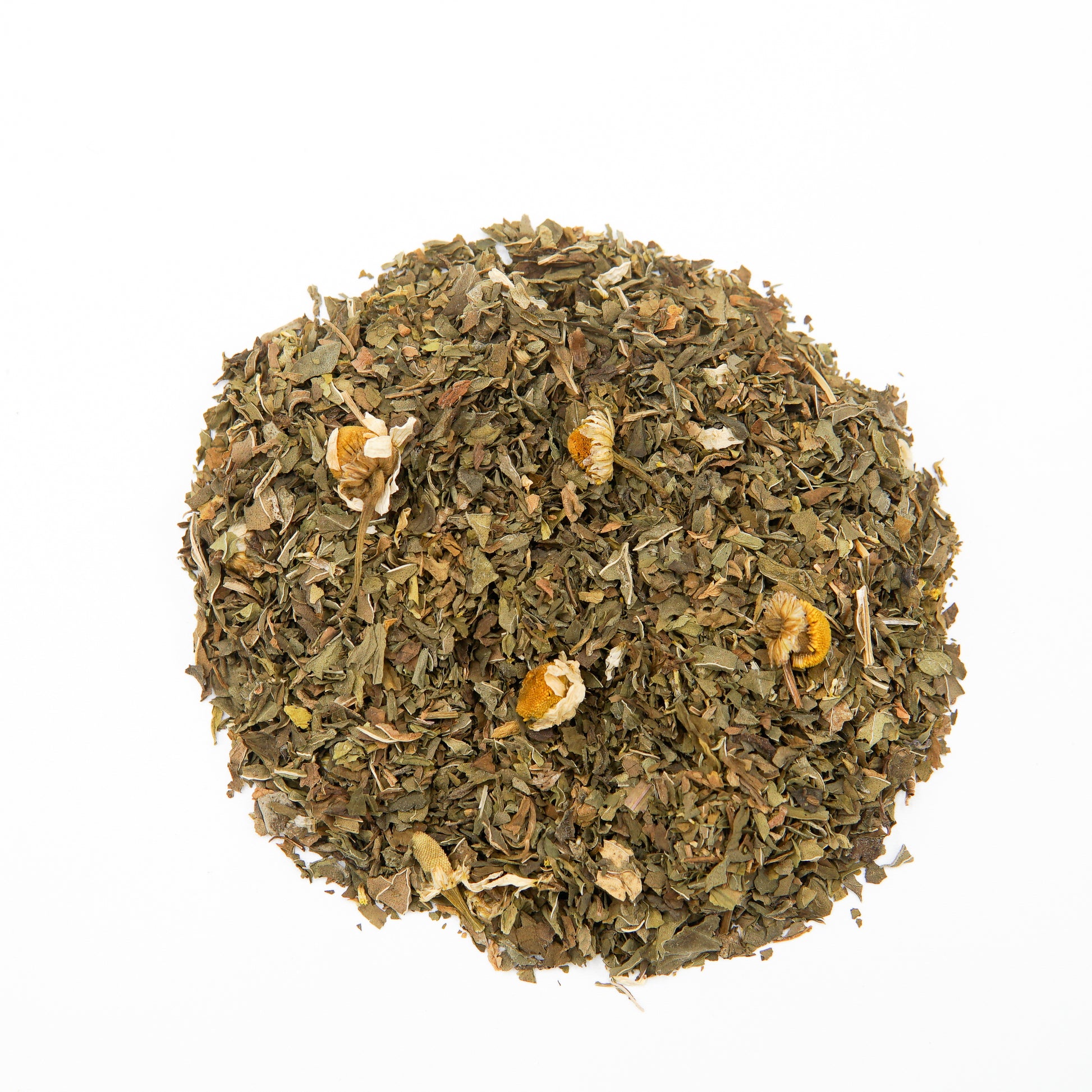 Garden Mint 40 Serving Loose Leaf by Piper and Leaf Tea Co. features a blend of dried chamomile flowers and green leaves, artfully arranged in a circular pile on a white background. This soothing, caffeine-free herbal infusion is perfect for unwinding at any time of day.